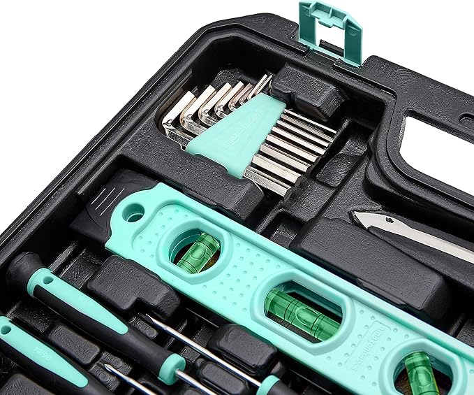 Amazon Basics 142-Piece Household Tool Kit for Home Repair,Hand Tools with Storage Case,13.39 x 9.25 x 2.95 inch,Turquoise,(Pack of 4)