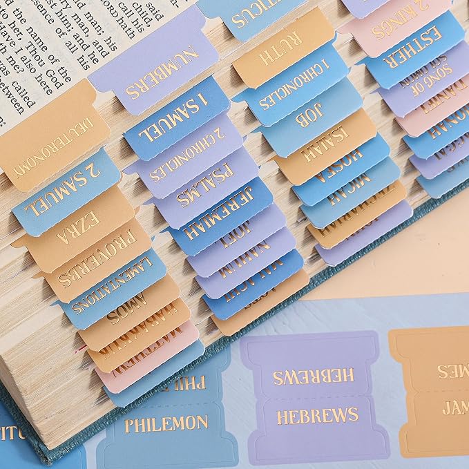 Bible Tabs, 66 Gold Foil Pre-Printed Chapter Labels + 39 Blank Impression Sunrise Theme Laminated Index Tabs with Alignment Ruler, Bible Journaling Study Supplies for Women & Men, Bible Accessories