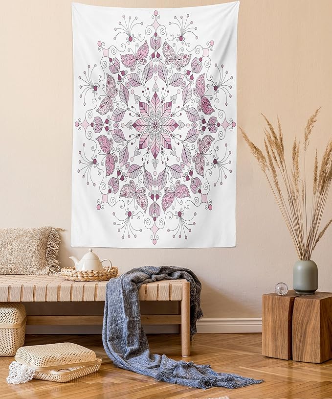 Ambesonne Mandala Tapestry Queen Size, Lacy Inspired Pastel Floral Motif with Butterfly and Lotus Branches Design, Wall Hanging Bedspread Bed Cover Wall Decor, 88" X 88", White Pale Pink