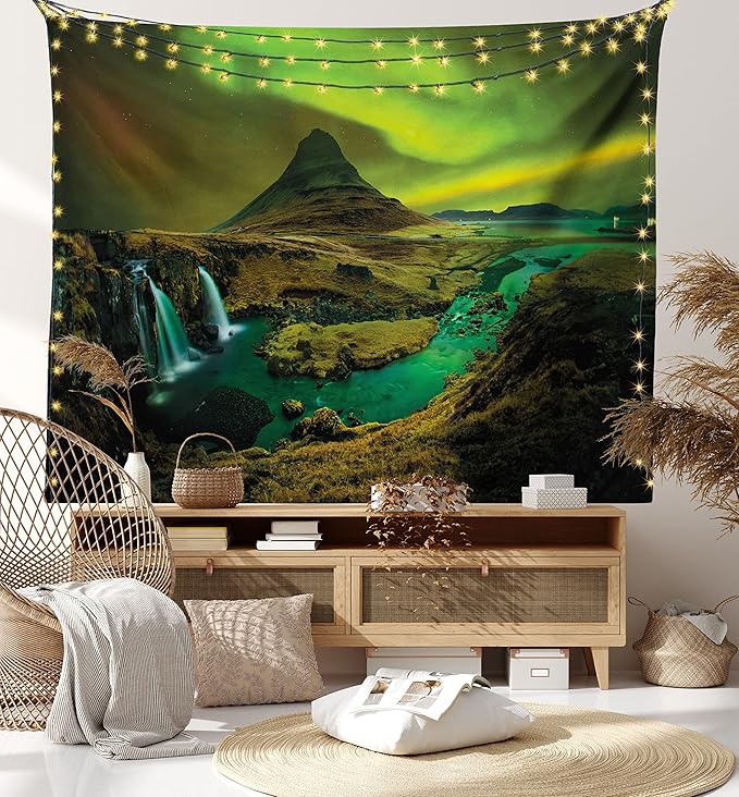 Ambesonne Aurora Borealis Tapestry, Pale Weather over the Hills Waterfall Creek Nature Landscape, Fabric Wall Hanging Decor for Bedroom Living Room Dorm, 45" X 30", Olive Green