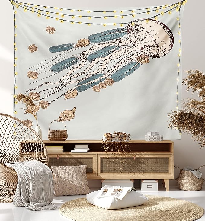 Ambesonne Jellyfish Tapestry, Boho Feather Tentacles Shells Vintage Art Print Under the Sea Tribal Fish, Fabric Wall Hanging Decor for Bedroom Living Room Dorm, 28" X 23", Beige Brown