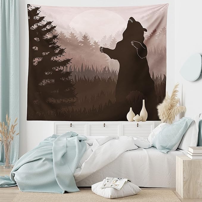 Ambesonne Nature Tapestry, Silhouette of Wild Bear in the Jungle Woodland at Dark Night Illustration, Fabric Wall Hanging Decor for Bedroom Living Room Dorm, 45" X 30", Army Green Pale Peach