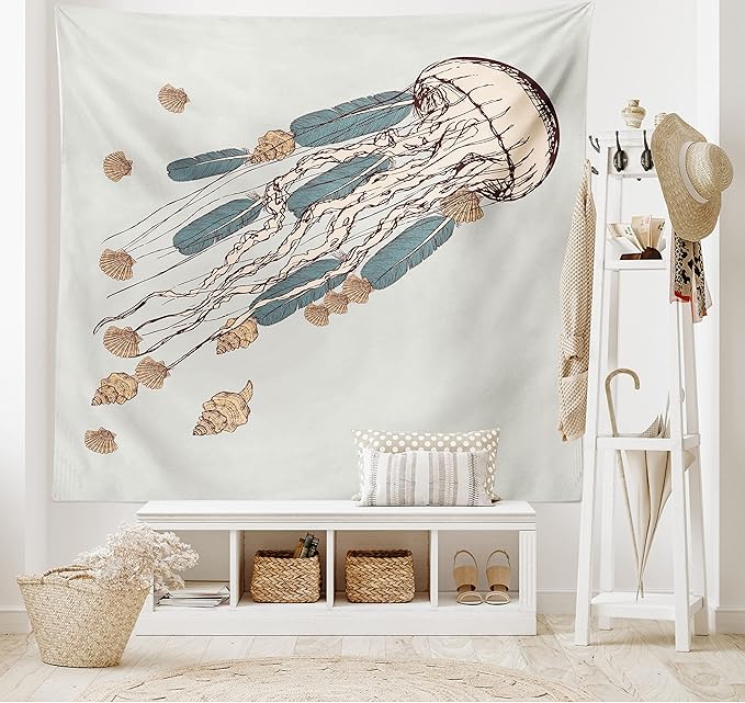 Ambesonne Jellyfish Tapestry, Boho Feather Tentacles Shells Vintage Art Print Under the Sea Tribal Fish, Fabric Wall Hanging Decor for Bedroom Living Room Dorm, 28" X 23", Beige Brown