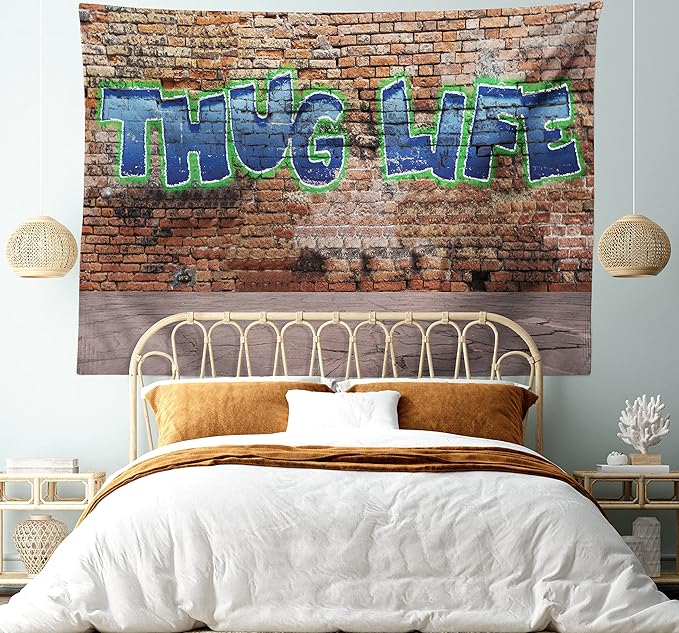 Ambesonne Thug Life Tapestry, Graffiti Style Words on a Brick Wall Street Urban Art Hip Hop Rap Culture Theme, Fabric Wall Hanging Decor for Bedroom Living Room Dorm, 28" X 23", Brown Blue