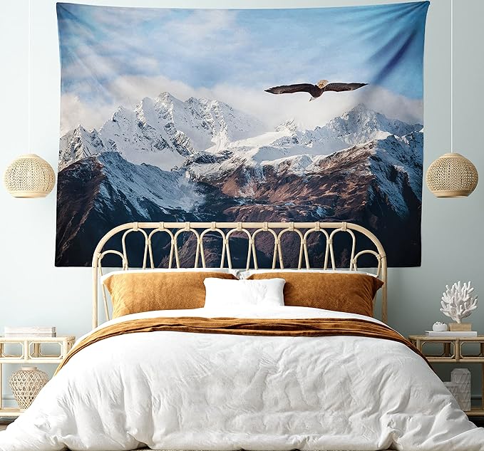 Ambesonne Mountain Tapestry King Size, Frozen Peaks Tops of the Mountain with a Flying Eagle Free in Nature Photo, Wall Hanging Bedspread Bed Cover Wall Decor, 104" X 88", Brown White Blue