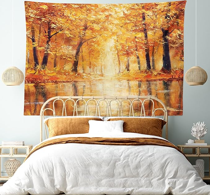 Ambesonne Country Tapestry King Size, Painting of a Forest by the Small Lake in Autumn Pale Fall Trees and Leaves Art, Wall Hanging Bedspread Bed Cover Wall Decor, 104" X 88", Brown Orange