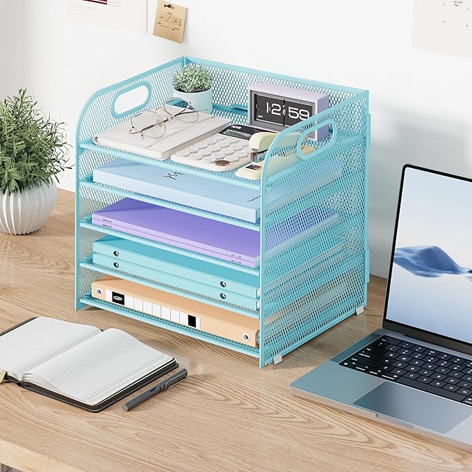 5 Tier Paper Organizer with Handle, Blue Metal Mesh Desk Organizer File Folder Paper Letter Tray Desktop Document Sorter for Classroom, School, Office Accessories Organization and Storage