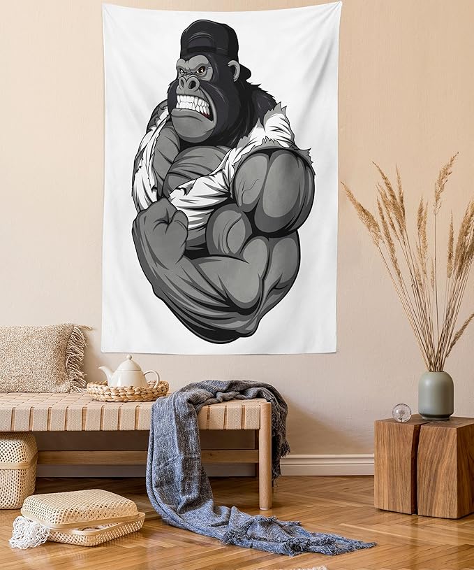 Ambesonne Cartoon Tapestry, Image of Big Gorilla Like as Professional Athlete Bodybuilding Gym Animal, Wall Hanging for Bedroom Living Room Dorm Decor, 60" X 80", Black White Grey