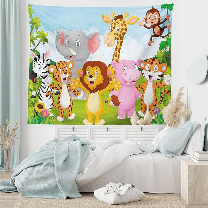 Ambesonne Cartoon Tapestry, Comic Savannah Animals Playful Friendly Savannah Jungle Happy Wildlife Nature, Fabric Wall Hanging Decor for Bedroom Living Room Dorm, 45" X 30", Green Brown