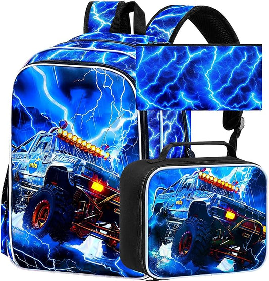 KLFVB 3PCS Kids Backpack Set, 17" Boys Truck Bookbag and Lunch Box, Water Resistant School Backpacks for Teenagers Middle Elementary - Lightning Truck