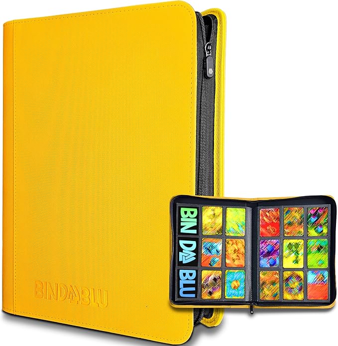 9 Pocket Trading Card Zip Binder - 360 Side Loading Pocket Binder for Colletible Games, Sport, TCG - Trading Card Binder - Gift Card holder for Boys and Girls - Yellow card binder