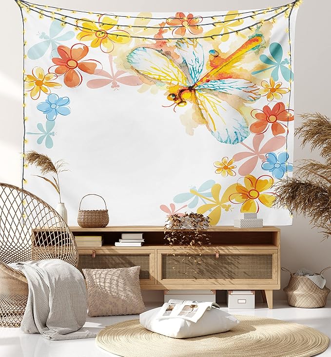 Ambesonne Dragonfly Tapestry, Abstract Grunge Vintage Design Moth Spring Flowers Floral Frame Art Print, Wide Wall Hanging for Bedroom Living Room Dorm, 60" X 40", Yellow Orange