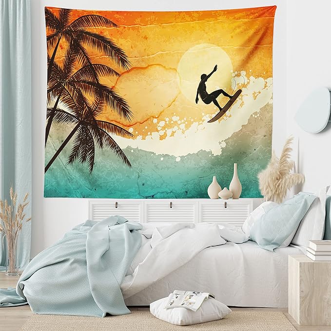 Ambesonne Grunge Tapestry, Illustration of Tropical Island Surfer on Sea Waves and Palms at Sunset, Wide Wall Hanging for Bedroom Living Room Dorm, 60" X 40", Orange Turquoise Black