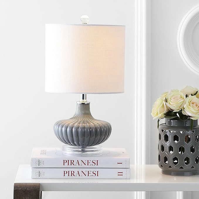 JONATHAN Y 18" Gray Fluted Glass and Lucite Table Lamp, Contemporary Teardrop Bedside Lamp with White Linen Drum Shade for Nightstand, Console Table, LED Bulb Included JYL1032A
