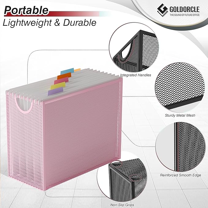 Hanging File Organizer, Letter-Size File Holder Filing Box with 5 Hanging Folders, Metal Mesh Desk File Folder Storage(No Assembly Required) (Pink, with 5 Grey Folders)