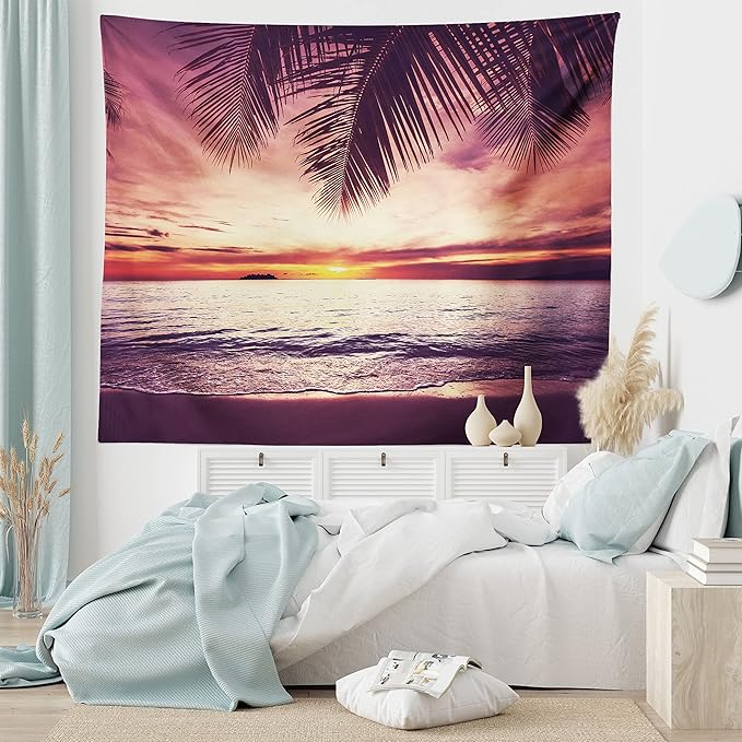 Ambesonne Palm Tree Tapestry, Tropical Beach Under Shadows at Sunset Ocean Waves Serenity of Paradise in Nature, Fabric Wall Hanging Decor for Bedroom Living Room Dorm, 45" X 30", Yellow Purple