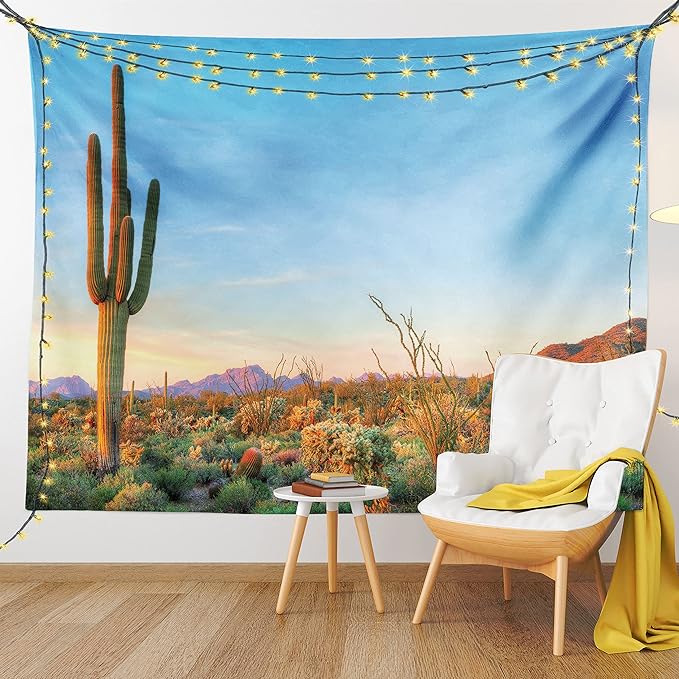 Ambesonne Saguaro Tapestry Twin Size, Sun Goes down in Desert Prickly Pear Cactus Southwest Texas National Park, Wall Hanging Bedspread Bed Cover Wall Decor, 68" X 88", Orange and Blue