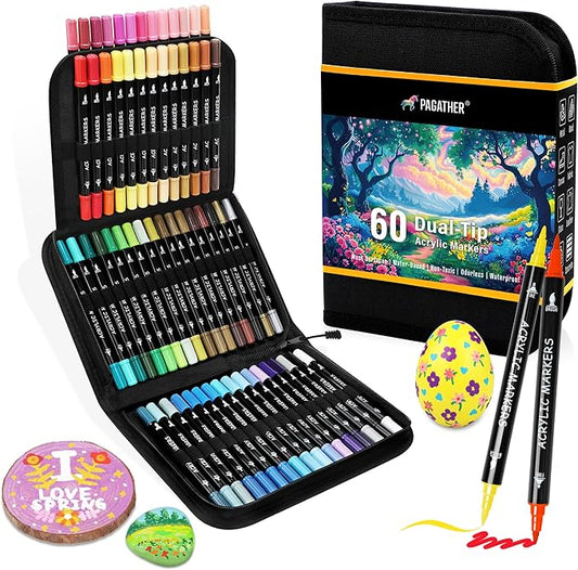 60 Colors Acrylic Paint Markers, Dual Tip with Fine Tip and Brush Tip Pens for Stone, Wood, Calligraphy, Canvas, Ceramic, Metal, Glass, Rock Painting, DIY Crafts Art Supplies Kit