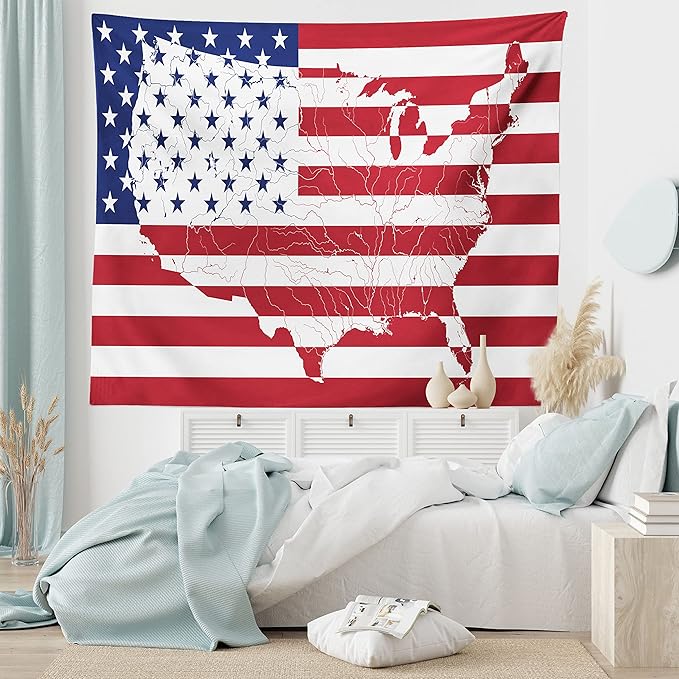 Ambesonne American Flag Tapestry, America Continent Shaped Flag Martial Design International World Glory Print, Fabric Wall Hanging Decor for Bedroom Living Room Dorm, 45" X 30", Indigo Red
