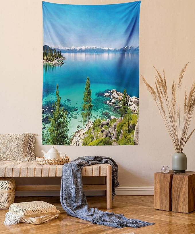 Ambesonne Blue Tapestry Twin Size, Tranquil View of Lake Tahoe Sierra Pines on Rocks with Turquoise Waters Shoreline, Wall Hanging Bedspread Bed Cover Wall Decor, 68" X 88", Blue Grey Green