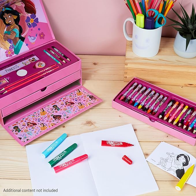 Disney Stitch Kids Colored Pencils Drawing Kit Art Set for Girls Boys Stationery with Notepad Crayons Markers Travel Case Gifts for Kids (Pink Princesses)