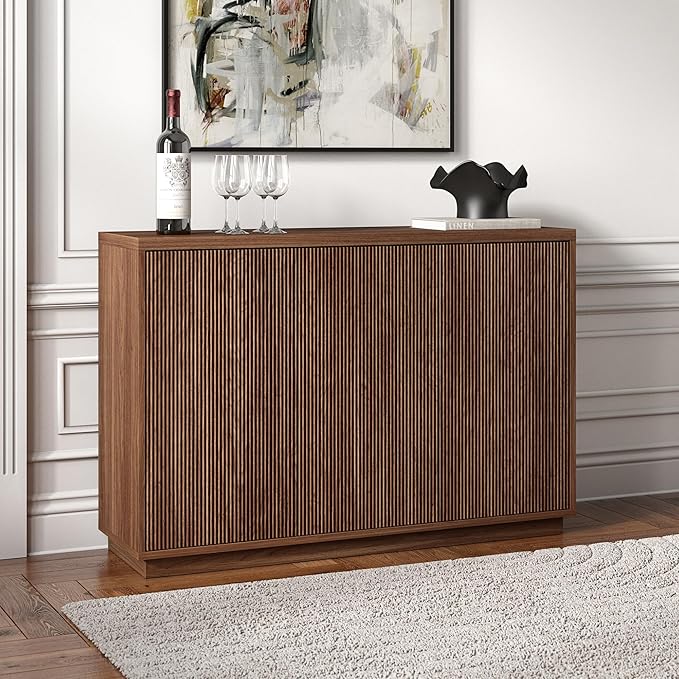 Henn&Hart 47.5'' Fluted Sideboard Buffet Cabinet, Ribbed Modern Wooden Credenza with 3 Doors, Adjustable Shelves, and Cable Management Cut-Outs for Dining Room, Kitchen or Living Room, Satin Walnut