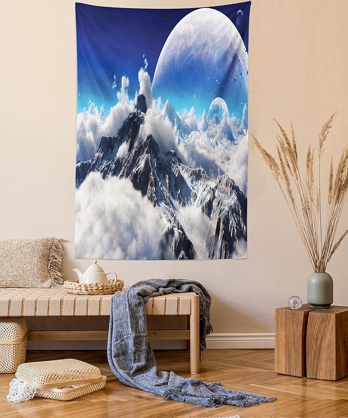Ambesonne Fantasy Tapestry Twin Size, Celestial View of Snow Capped Mountains and Alien Planet Print, Wall Hanging Bedspread Bed Cover Wall Decor, 68" X 88", White and Navy Blue