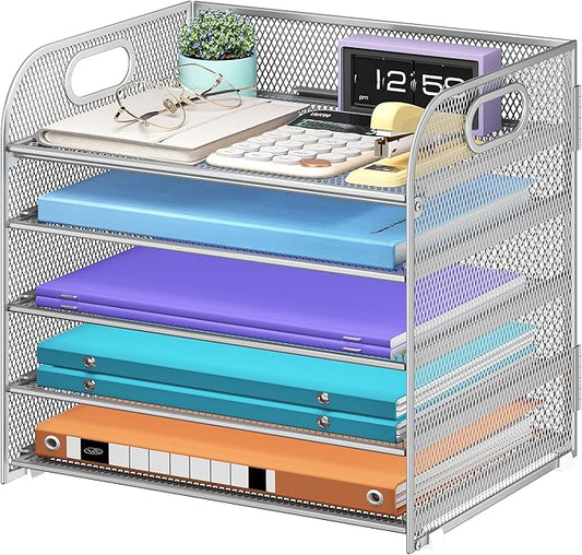 5 Tier Paper Organizer with Handle, Silver Metal Mesh Desk Organizer File Folder Paper Letter Tray Desktop Document Sorter for Classroom, School, Office Accessories Organization and Storage