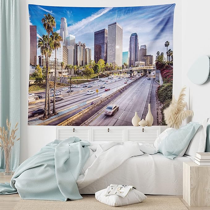 Ambesonne Travel Tapestry King Size, Downtown Cityscape of Los Angeles California USA Avenue Buildings Palms Print, Wall Hanging Bedspread Bed Cover Wall Decor, 104" X 88", Blue Grey Green