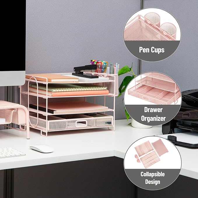 Mind Reader Mesh Desk Organizer, 3 Trays, 1 Drawer, 2 Pen Holders, Office Desktop Organizer, Metal Mesh, Pink