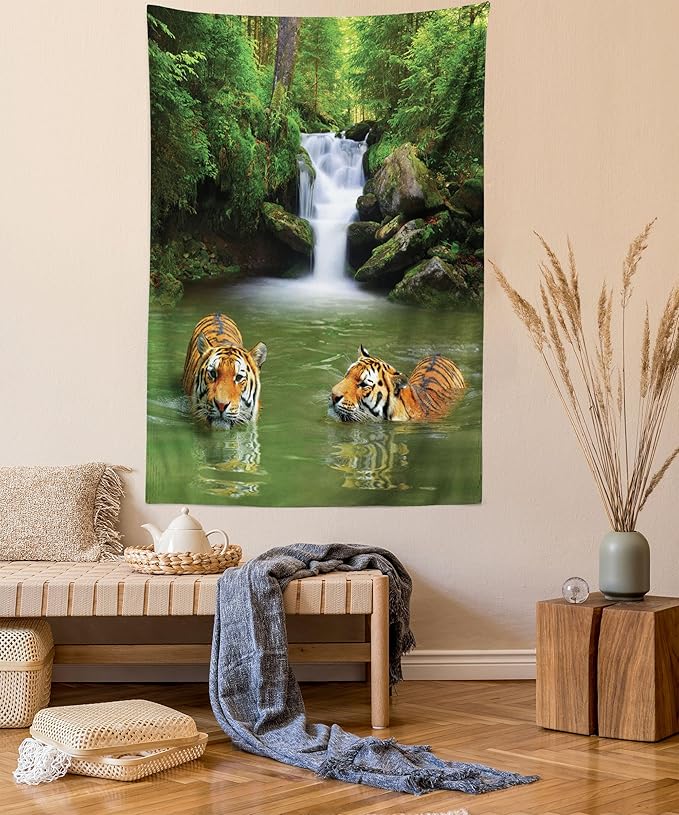 Ambesonne Savannah Tapestry Queen Size, Siberian Tigers in Water Waterfall Pool Woodland Swimming Natural, Wall Hanging Bedspread Bed Cover Wall Decor, 88" X 88", Reseda Green Orange