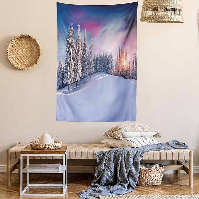 Ambesonne Winter Tapestry Queen Size, Idyllic Panorama of Winter Sunrise in Snow Covered Mountains Serenity Freshness, Wall Hanging Bedspread Bed Cover Wall Decor, 88" X 88", Pastel Lavender