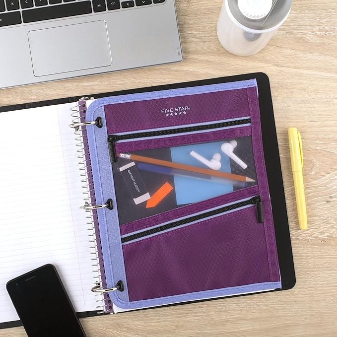 Five Star Pencil Pouch, Pen Case, 3-Pocket Zipper Pouch, Fits 3-Ring Binder, Storage Organizer for Classroom Supplies Earbuds Chargers Cables Makeup, Lilac/Berry (500208F-ECM)