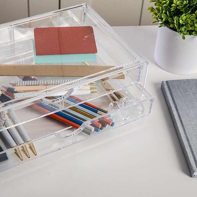 Martha Stewart Brody Desk Organizer with 2 Drawers, Stackable Plastic Desk Storage Box, Organizer for Office, Bathroom, Countertop or Dorm, 12.75" x 7.75", Clear
