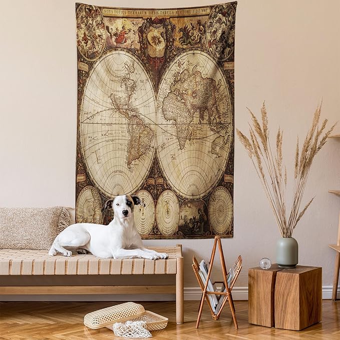 Ambesonne World Map Tapestry King Size, Old World Map Drawn in 1720s Nostalgic Style Art Historical Atlas Vintage Design, Wall Hanging Bedspread Bed Cover Wall Decor, 23" X 28", Multicolor