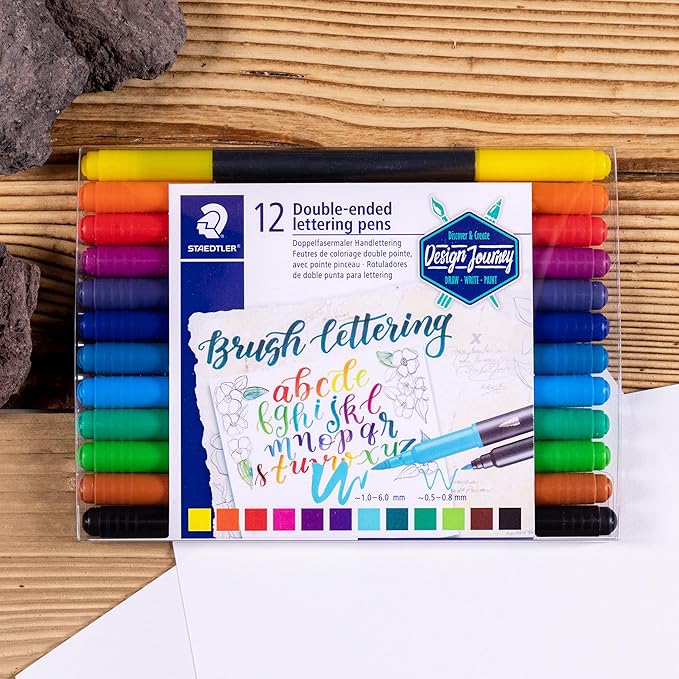 Staedtler Double-ended Brush Marker Brush Letter Duo, Creative Lettering, Flexible and Fine Tip, Blendable Ink, Set of 12 Assorted Colors, 3004TB12A6
