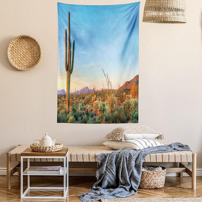 Ambesonne Saguaro Tapestry, Sun Goes down in Desert Prickly Pear Cactus Southwest Texas National Park, Fabric Wall Hanging Decor for Bedroom Living Room Dorm, 30" X 45", Orange and Blue