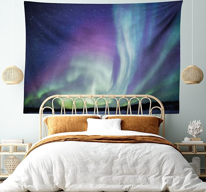 Ambesonne Aurora Borealis Tapestry, Exquisite Atmosphere Solar Starry Sky Calming Night Image, Fabric Wall Hanging Decor for Bedroom Living Room Dorm, 28" X 23", Dark Blue Mint Green