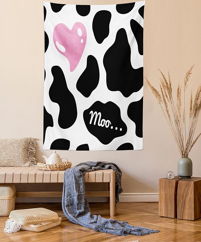 Ambesonne Cow Print Tapestry, Camouflage Hide Skin Pattern in Pastel Color Shades Heart Shape Moo, Wall Hanging for Bedroom Living Room Dorm Decor, 40" X 60", Pink Black White