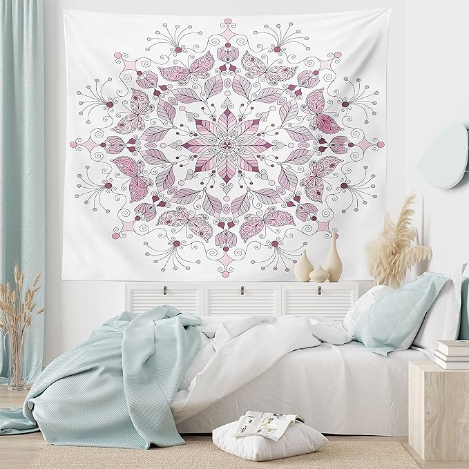 Ambesonne Mandala Tapestry King Size, Lacy Inspired Pastel Floral Motif with Butterfly and Lotus Branches Design, Wall Hanging Bedspread Bed Cover Wall Decor, 104" X 88", White Pale Pink