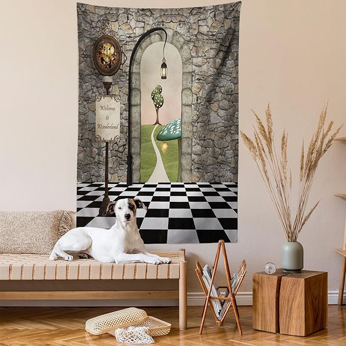 Ambesonne Alice in Wonderland Tapestry, Welcome Wonderland Black and White Floor Landscape Mushroom Lantern, Wall Hanging for Bedroom Living Room Dorm, 60" X 80", Stone Black