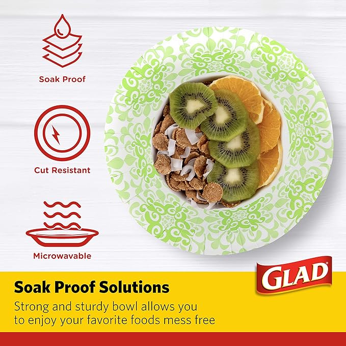 Glad Round Disposable Paper Bowls, Green Victorian Design - Heavy Duty, Soak Proof, Cut-Resistant, Microwavable Bowl for All Foods & Daily Use, 16 Oz, 15 Count
