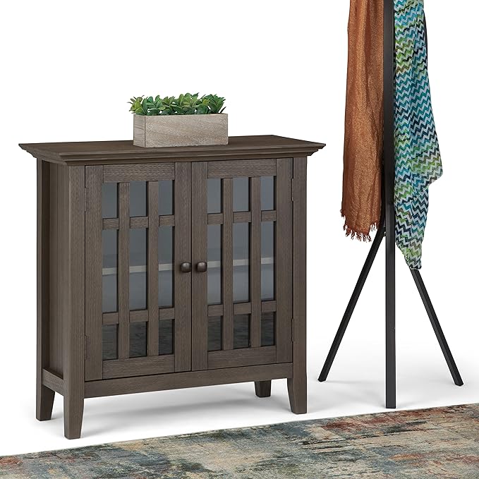SIMPLIHOME Bedford Storage Cabinet - 32 inch Wide Solid Wood Low Media Cabinet in Farmhouse Grey, Transitional Console for Living Room, Entryway, or Dining Room with Glass Doors and Adjustable Shelves