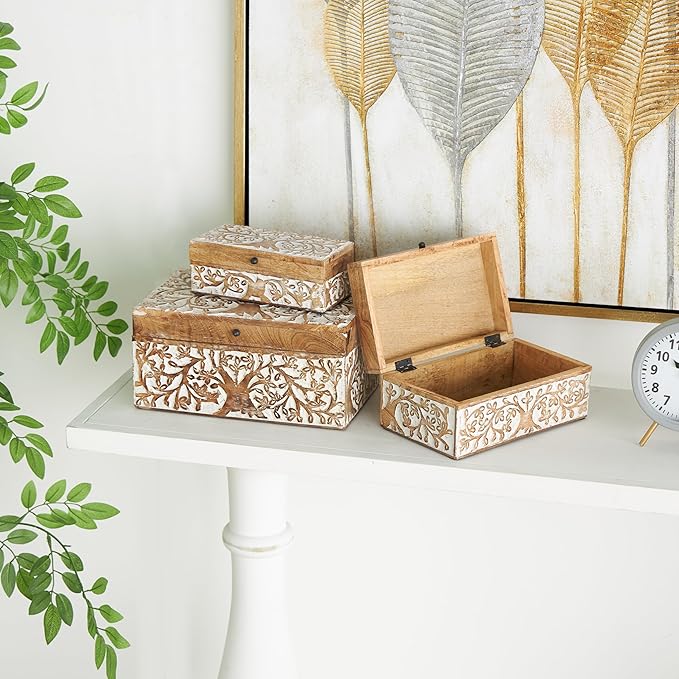 Deco 79 Mango Wood Floral Decorative Box Decorative Keepsake Boxes with Hinged Lid, Set of 3 Storage Boxes 8", 10", 12"W, Brown
