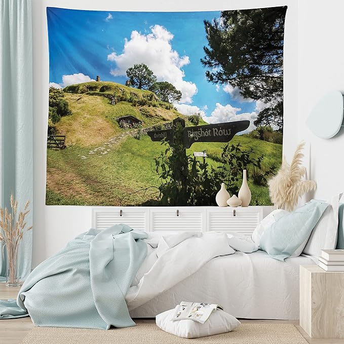 Ambesonne Hobbits Tapestry, Overhill Hobbit Village in Matamata New Zealand Fantasy Scene House Image Print, Fabric Wall Hanging Decor for Bedroom Living Room Dorm, 45" X 30", Green Blue