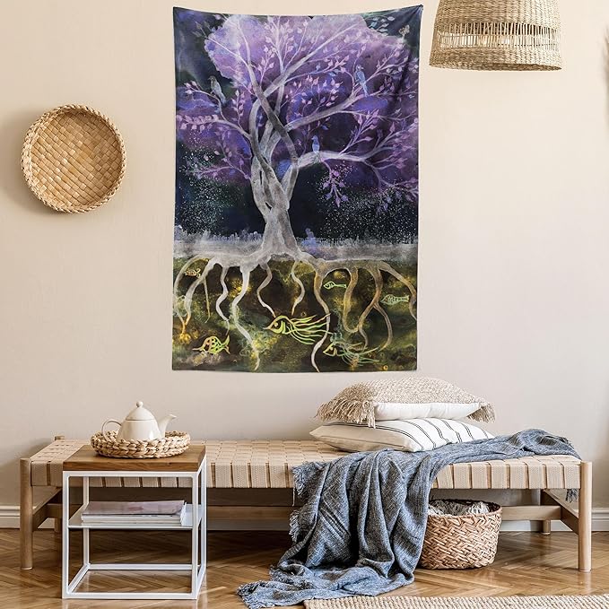 Ambesonne Tree of Life Tapestry Queen Size, Psychedelic Mysterious Nature at Night Birds and Fishes Home Art, Wall Hanging Bedspread Bed Cover Wall Decor, 88" X 88", Purple Black