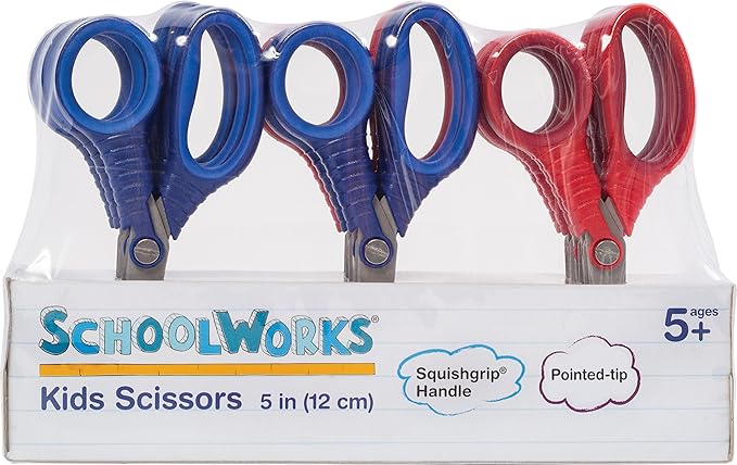 Fiskars Schoolworks 5" Scissors for Kids Ages 4-7, 12 count, Pointed-Tip Scissors for Kids, Back to School Supplies, Red and Blue (Pack of 6)