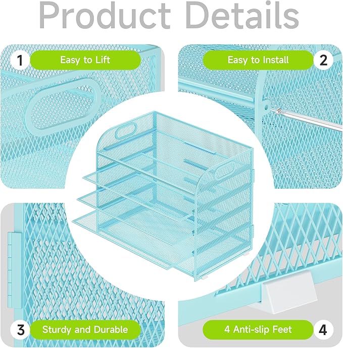 2 Pack 5 Tier Paper Organizer, Letter Tray with Handle, Mesh Desk Organizer, Metal File Organizer, Office Desk Accessories for Home, Office, Classroom, School -Blue
