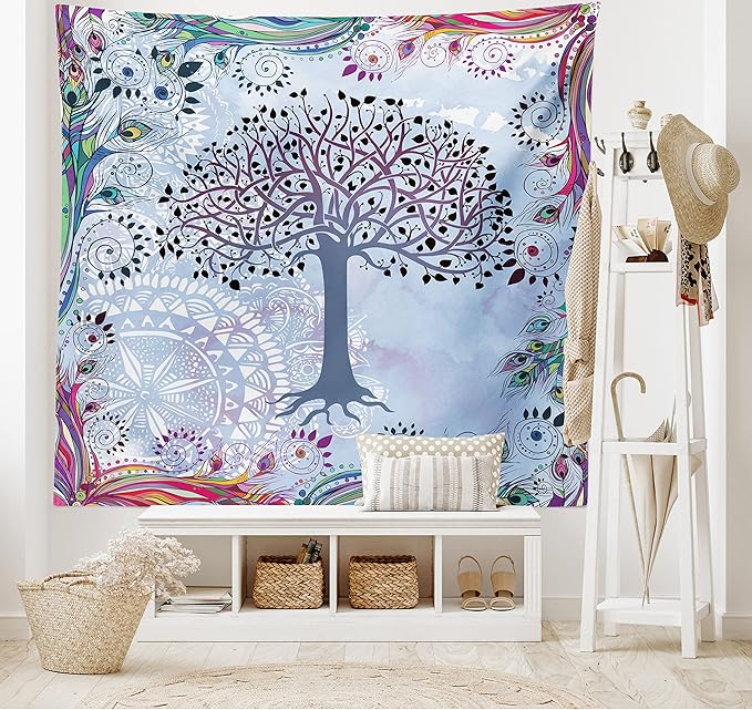 Ambesonne Nature Tapestry, Tree of Life Motif Peacock Feathers Tribal Vintage Prehistoric Flora Illustration, Fabric Wall Hanging Decor for Bedroom Living Room Dorm, 28" X 23", Blue