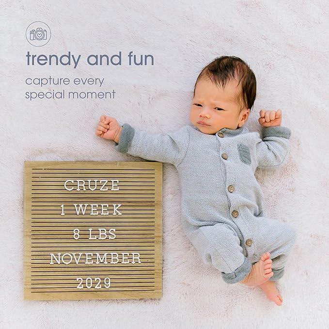 Pearhead Wooden Letter Board, 10 x 10 Inch Felt Message Board with Letters and Numbers for Baby Milestones and Home Décor